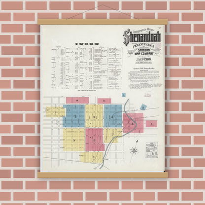 Old map wall art mockup — magnetic wood frame on brick wall — Sanborn Fire Insurance Map from Shenandoah, Schuylkill County, Pennsylvania (1908), Sheet #0001