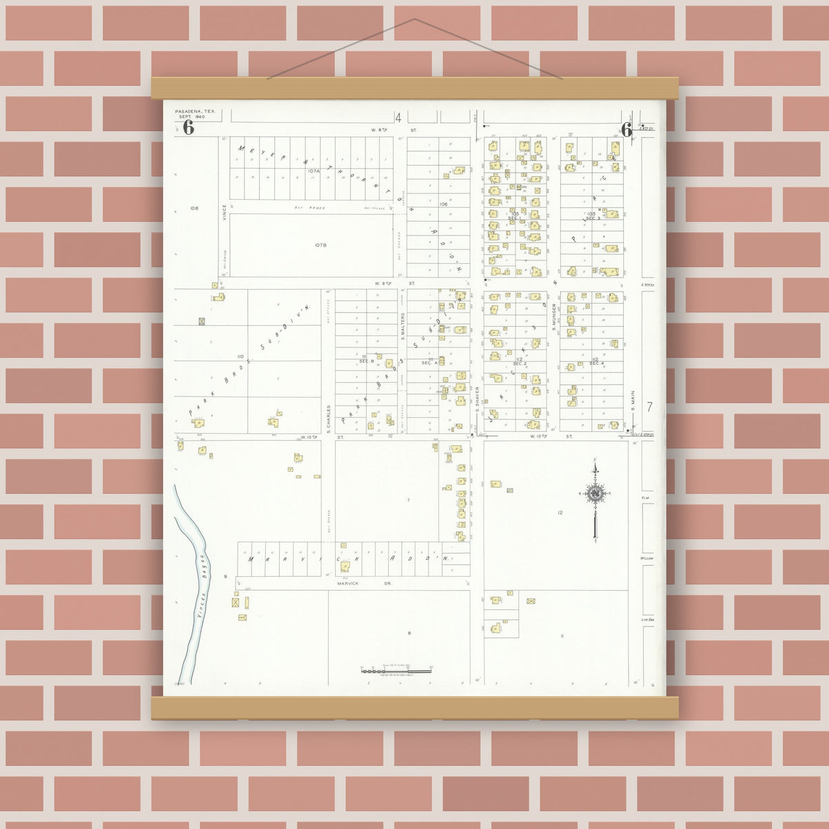 Old map wall art mockup — magnetic wood frame on brick wall — Sanborn Fire Insurance Map from Pasadena, Harris County, Texas (1940), Sheet #0006