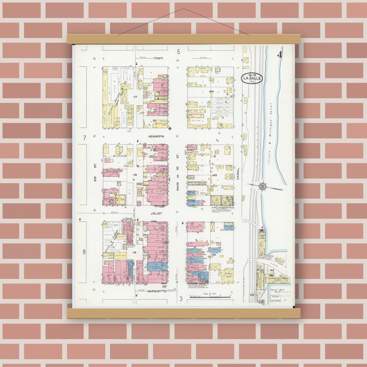 Old map wall art mockup — magnetic wood frame on brick wall — Sanborn Fire Insurance Map from La Salle, La Salle County, Illinois (1911), Sheet #0004
