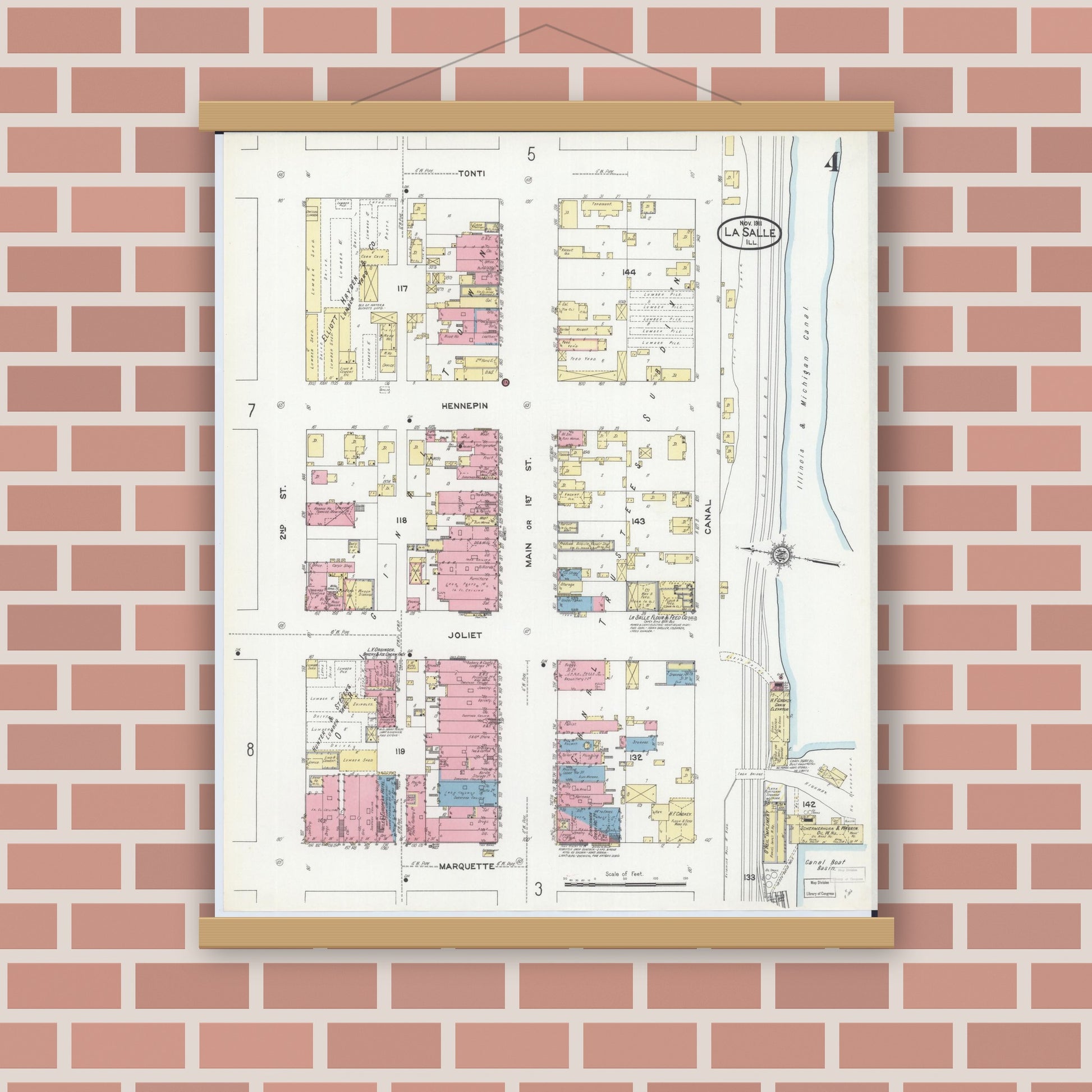 Old map wall art mockup — magnetic wood frame on brick wall — Sanborn Fire Insurance Map from La Salle, La Salle County, Illinois (1911), Sheet #0004