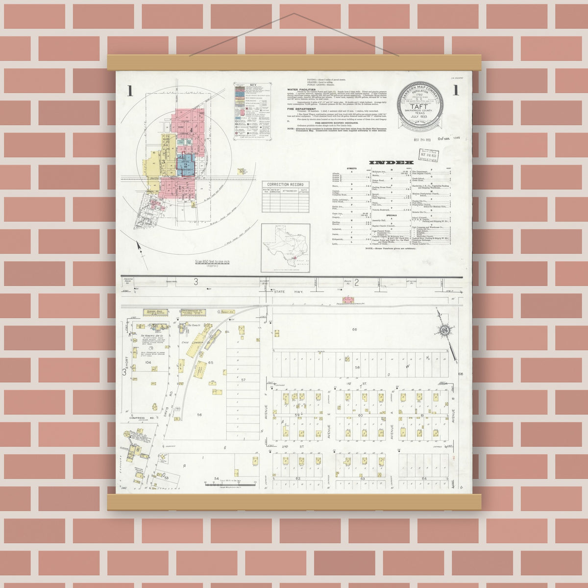 Old map wall art mockup — magnetic wood frame on brick wall — Sanborn Fire Insurance Map from Taft, San Patricio County, Texas (1933) - Complete Map Set