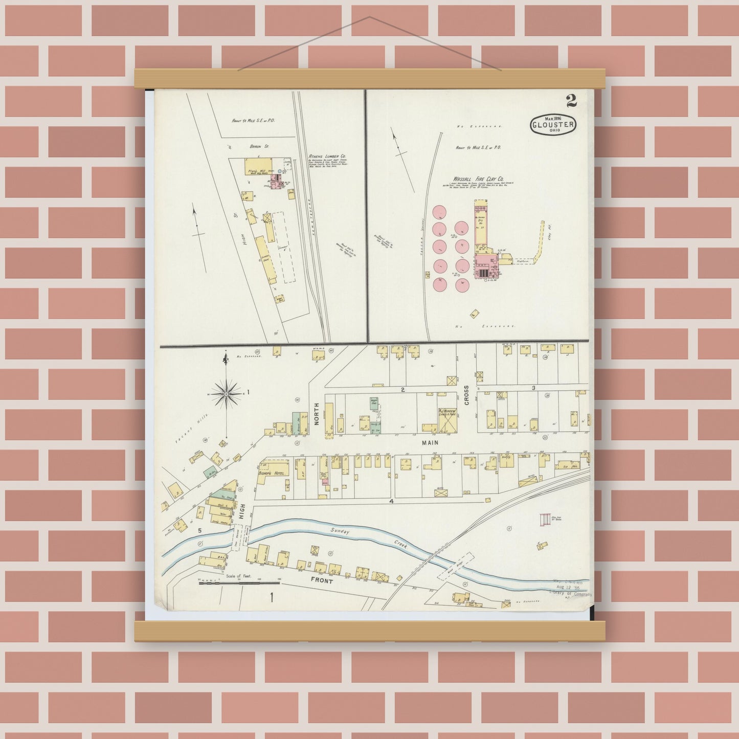 Old map wall art mockup — magnetic wood frame on brick wall — Sanborn Fire Insurance Map from Glouster, Athens County, Ohio (1896), Sheet #0002