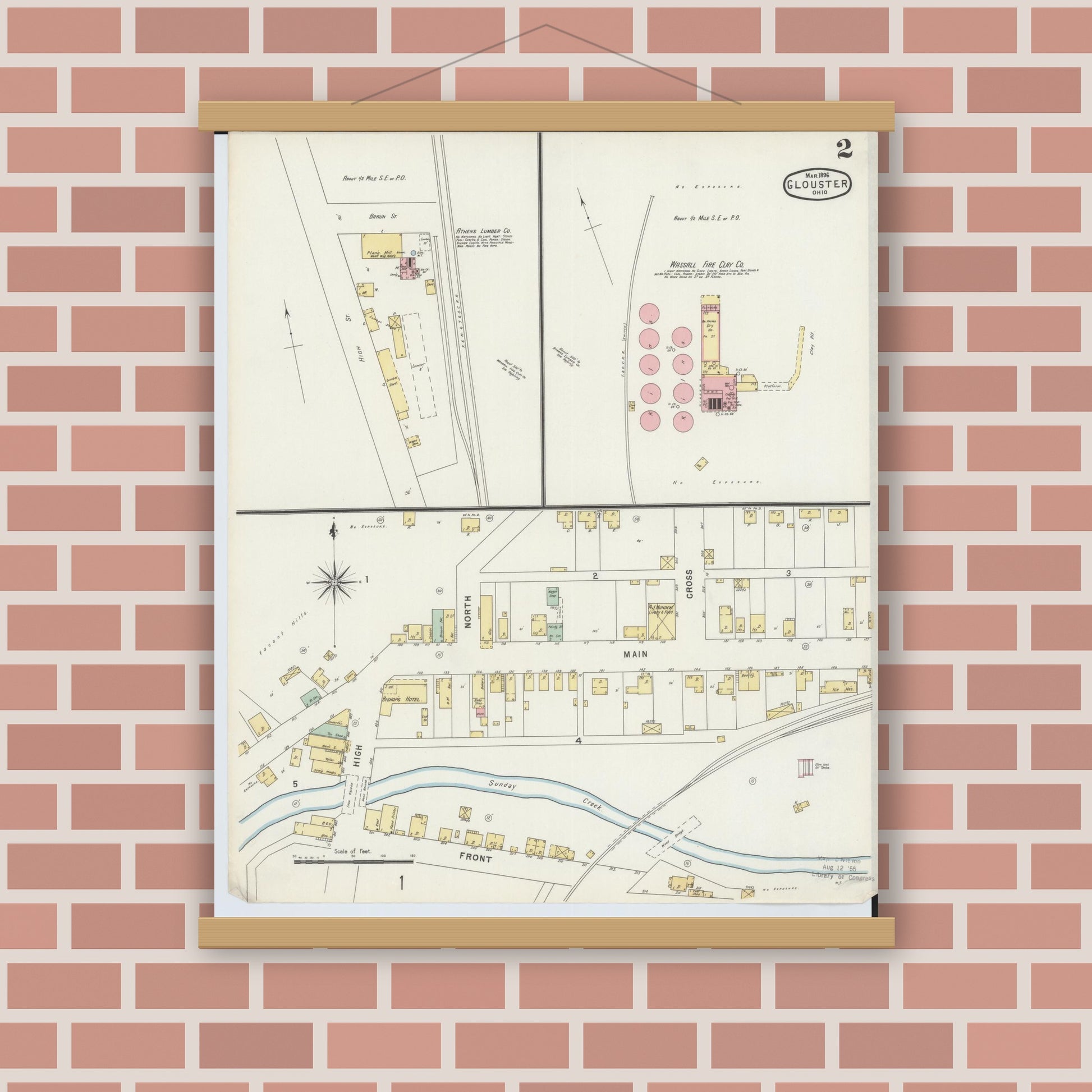 Old map wall art mockup — magnetic wood frame on brick wall — Sanborn Fire Insurance Map from Glouster, Athens County, Ohio (1896), Sheet #0002