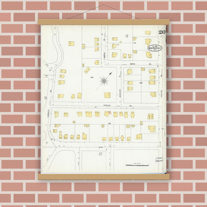 Old map wall art mockup — magnetic wood frame on brick wall — Sanborn Fire Insurance Map from New Rochelle, Westchester County, New York (1903), Sheet #0020