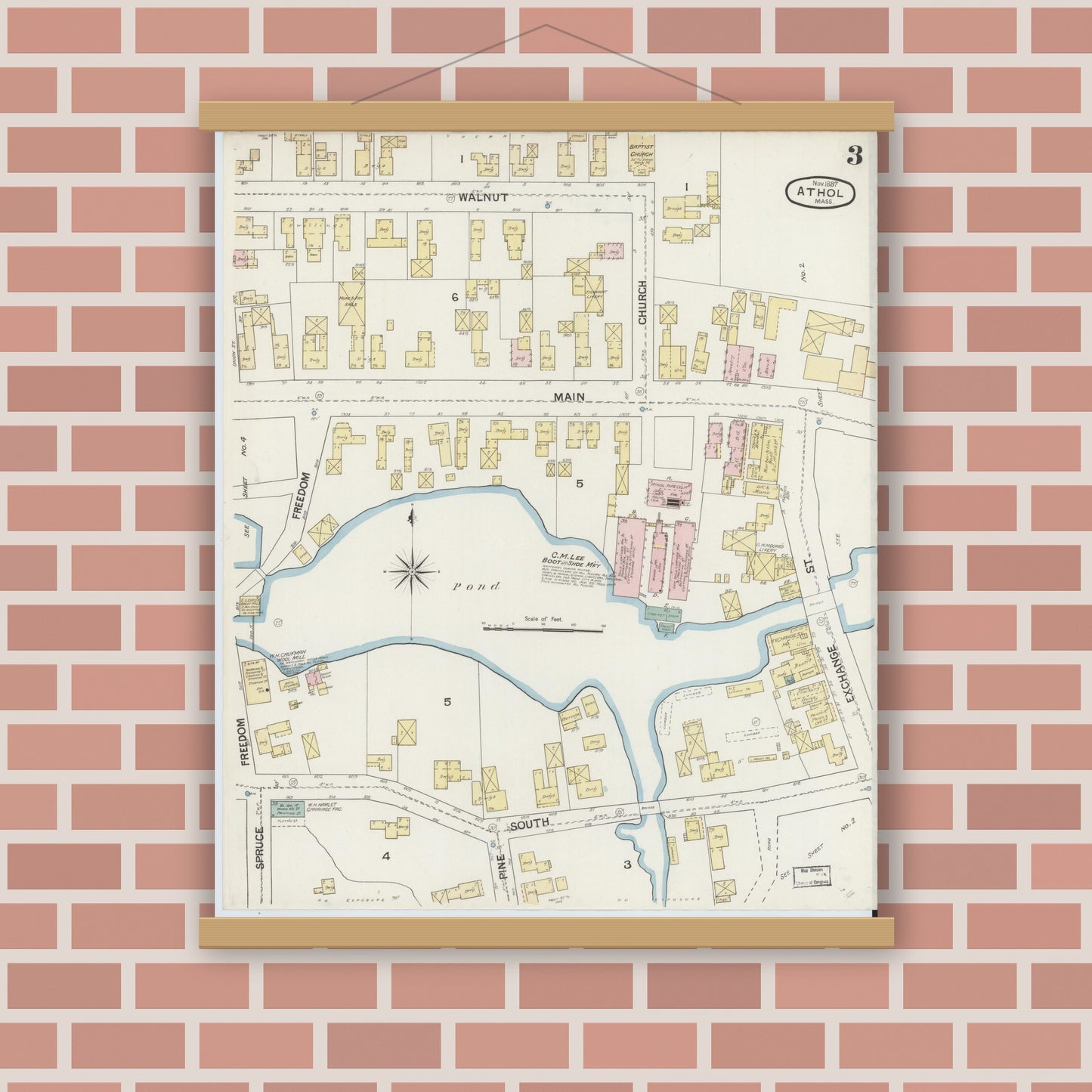 Old map wall art mockup — magnetic wood frame on brick wall — Sanborn Fire Insurance Map from Athol, Worcester County, Massachusetts (1887), Sheet #0003