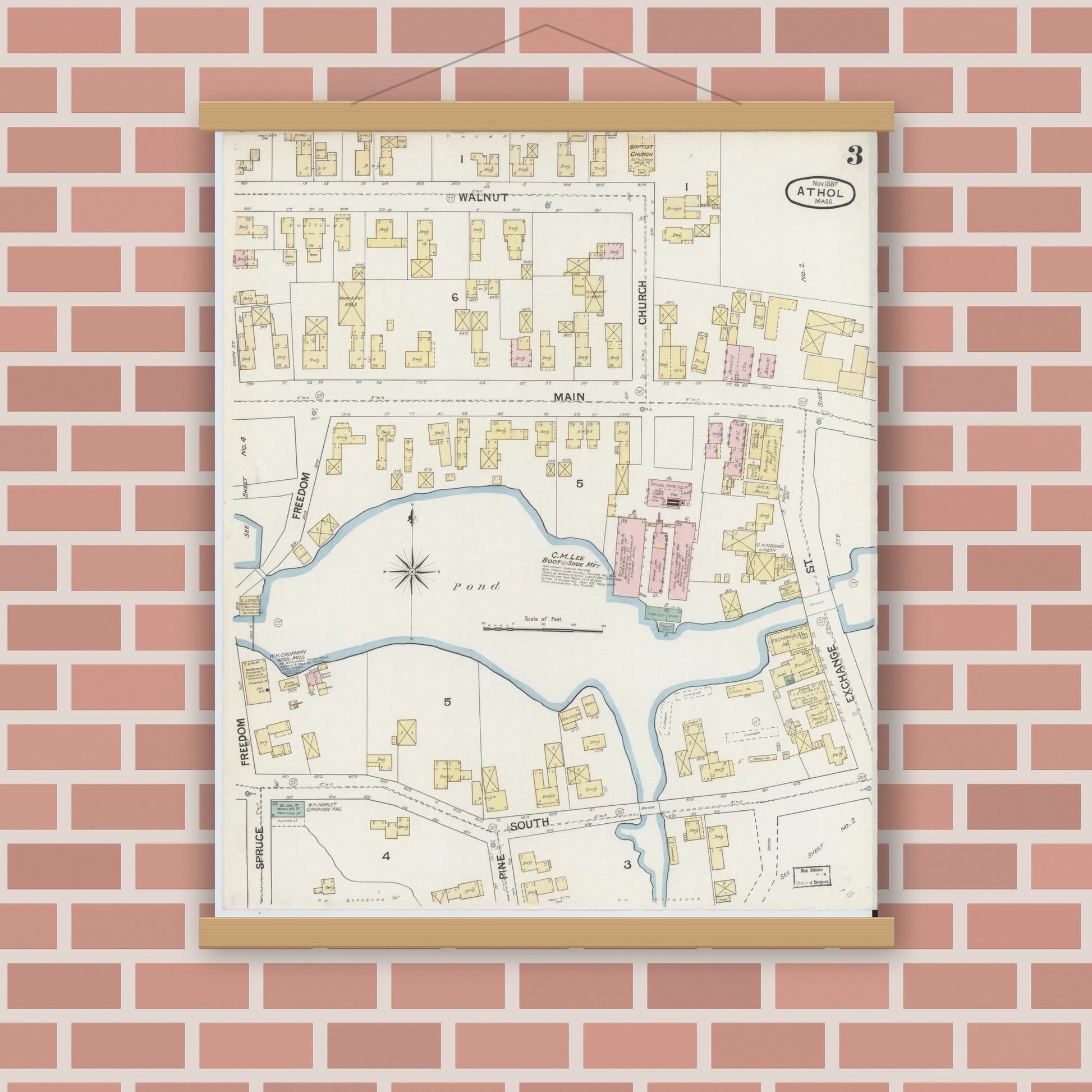 Old map wall art mockup — magnetic wood frame on brick wall — Sanborn Fire Insurance Map from Athol, Worcester County, Massachusetts (1887), Sheet #0003