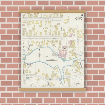 Old map wall art mockup — magnetic wood frame on brick wall — Sanborn Fire Insurance Map from Athol, Worcester County, Massachusetts (1887), Sheet #0003