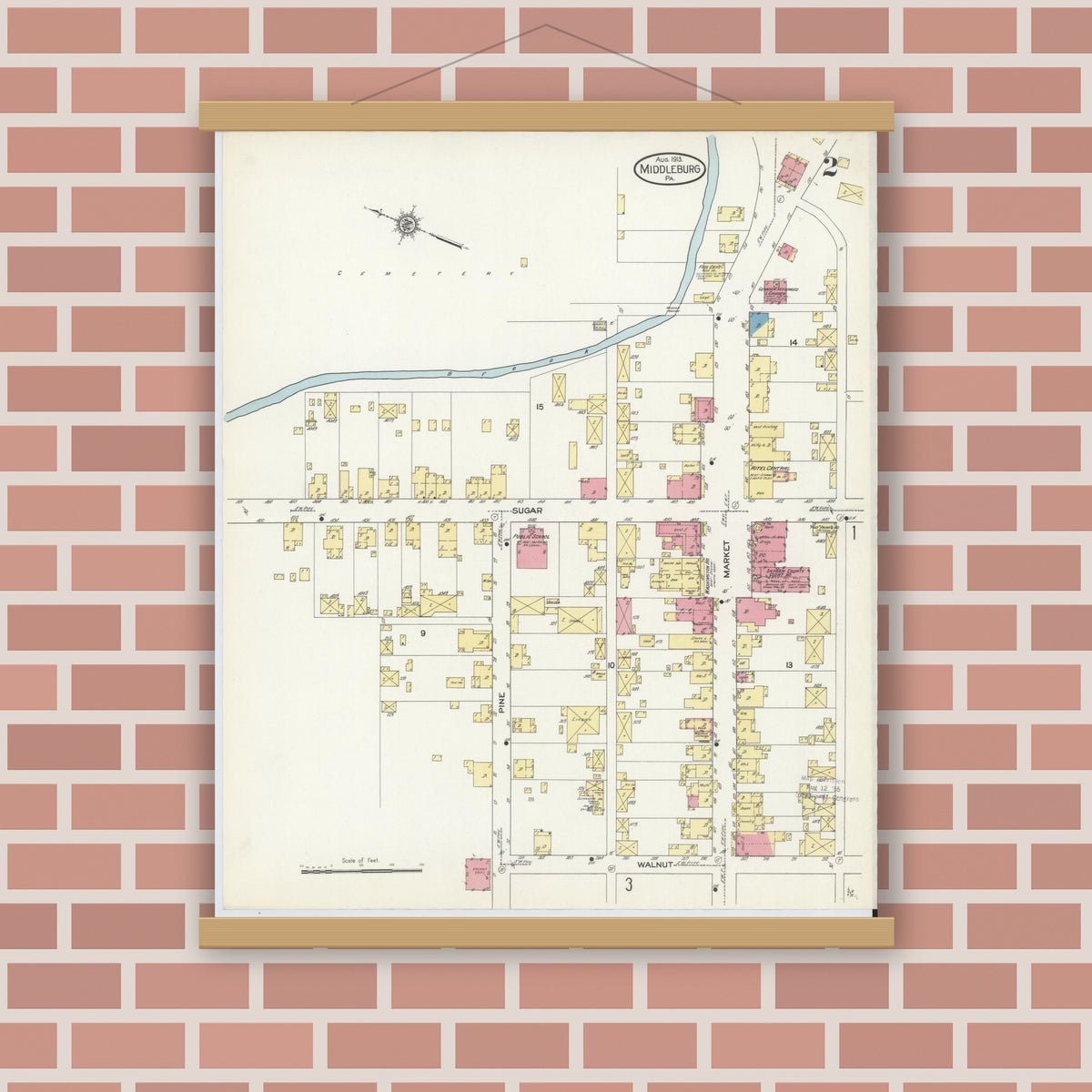 Old map wall art mockup — magnetic wood frame on brick wall — Sanborn Fire Insurance Map from Middleburg, Snyder County, Pennsylvania (1913), Sheet #0002