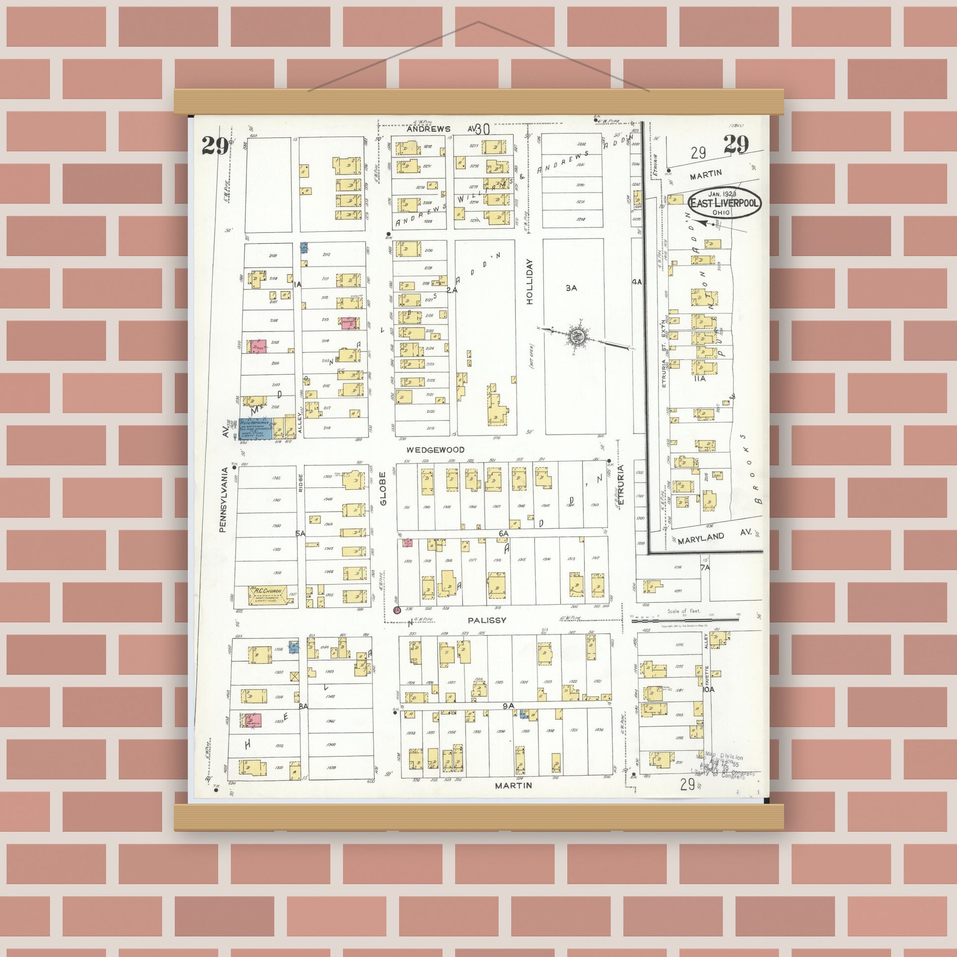 Old map wall art mockup — magnetic wood frame on brick wall — Sanborn Fire Insurance Map from East Liverpool, Columbiana County, Ohio (1923), Sheet #0029