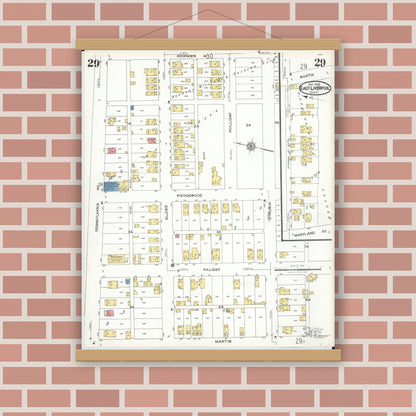 Old map wall art mockup — magnetic wood frame on brick wall — Sanborn Fire Insurance Map from East Liverpool, Columbiana County, Ohio (1923), Sheet #0029