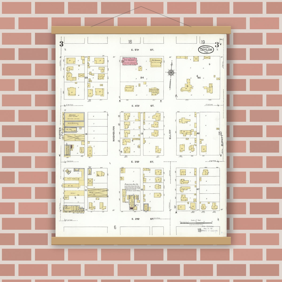 Old map wall art mockup — magnetic wood frame on brick wall — Sanborn Fire Insurance Map from Taylor, Williamson County, Texas (1923), Sheet #0003