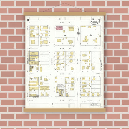 Old map wall art mockup — magnetic wood frame on brick wall — Sanborn Fire Insurance Map from Taylor, Williamson County, Texas (1923), Sheet #0003