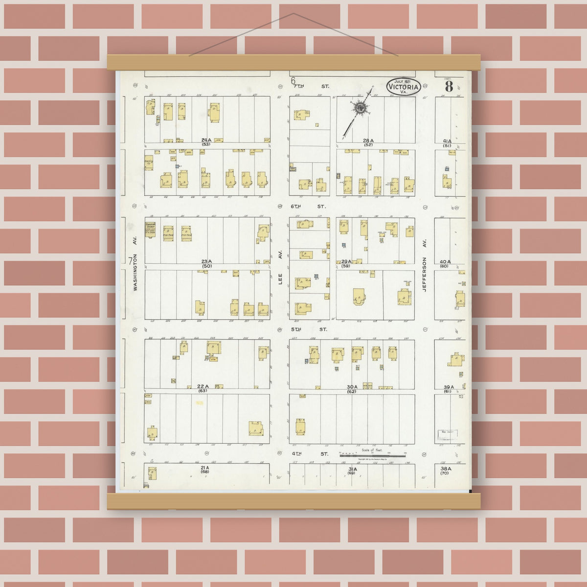 Old map wall art mockup — magnetic wood frame on brick wall — Sanborn Fire Insurance Map from Victoria, Lunenburg County, Virginia (1921), Sheet #0008