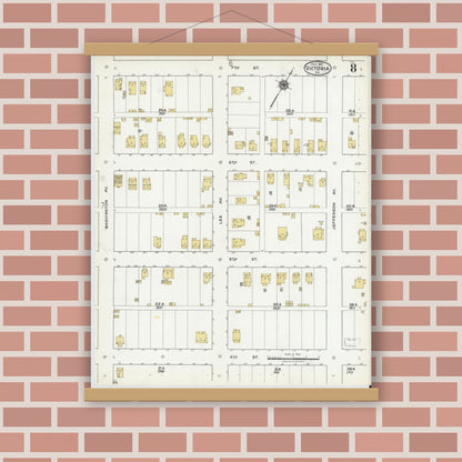 Old map wall art mockup — magnetic wood frame on brick wall — Sanborn Fire Insurance Map from Victoria, Lunenburg County, Virginia (1921), Sheet #0008
