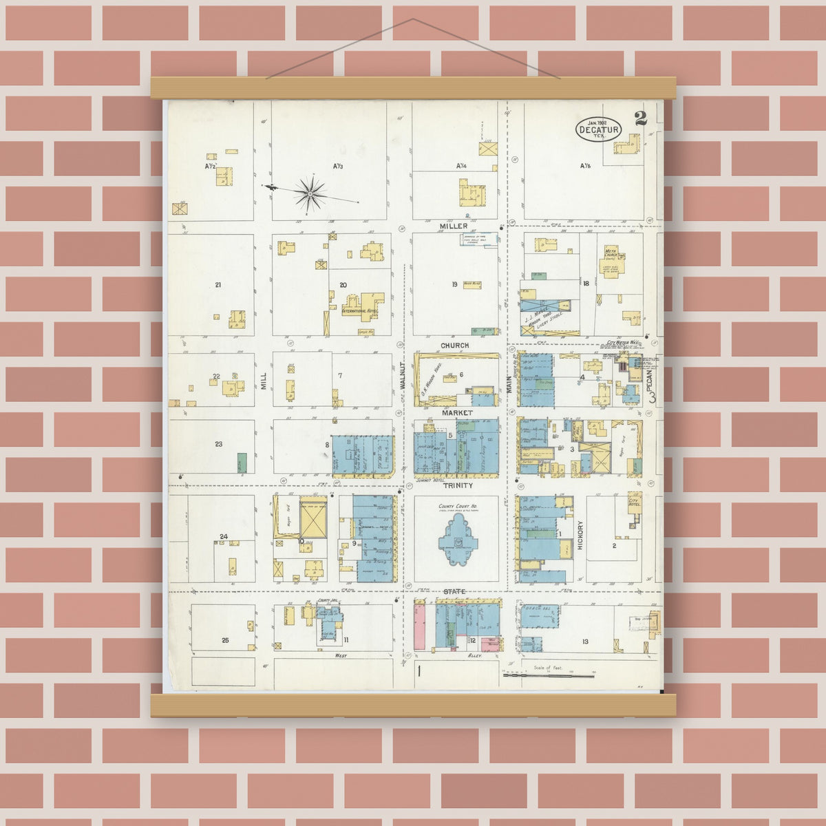 Old map wall art mockup — magnetic wood frame on brick wall — Sanborn Fire Insurance Map from Decatur, Wise County, Texas (1902), Sheet #0002