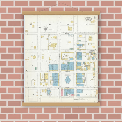 Old map wall art mockup — magnetic wood frame on brick wall — Sanborn Fire Insurance Map from Decatur, Wise County, Texas (1902), Sheet #0002