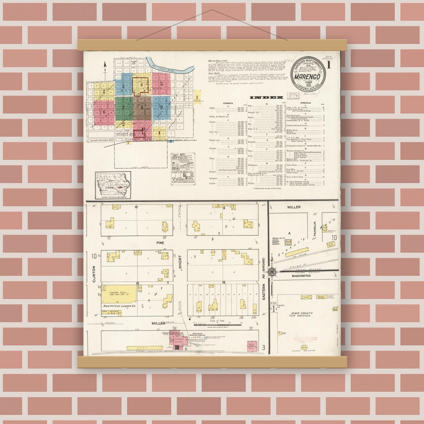 Old map wall art mockup — magnetic wood frame on brick wall — Sanborn Fire Insurance Map from Marengo, Iowa County, Iowa (1922) â€” Complete Set