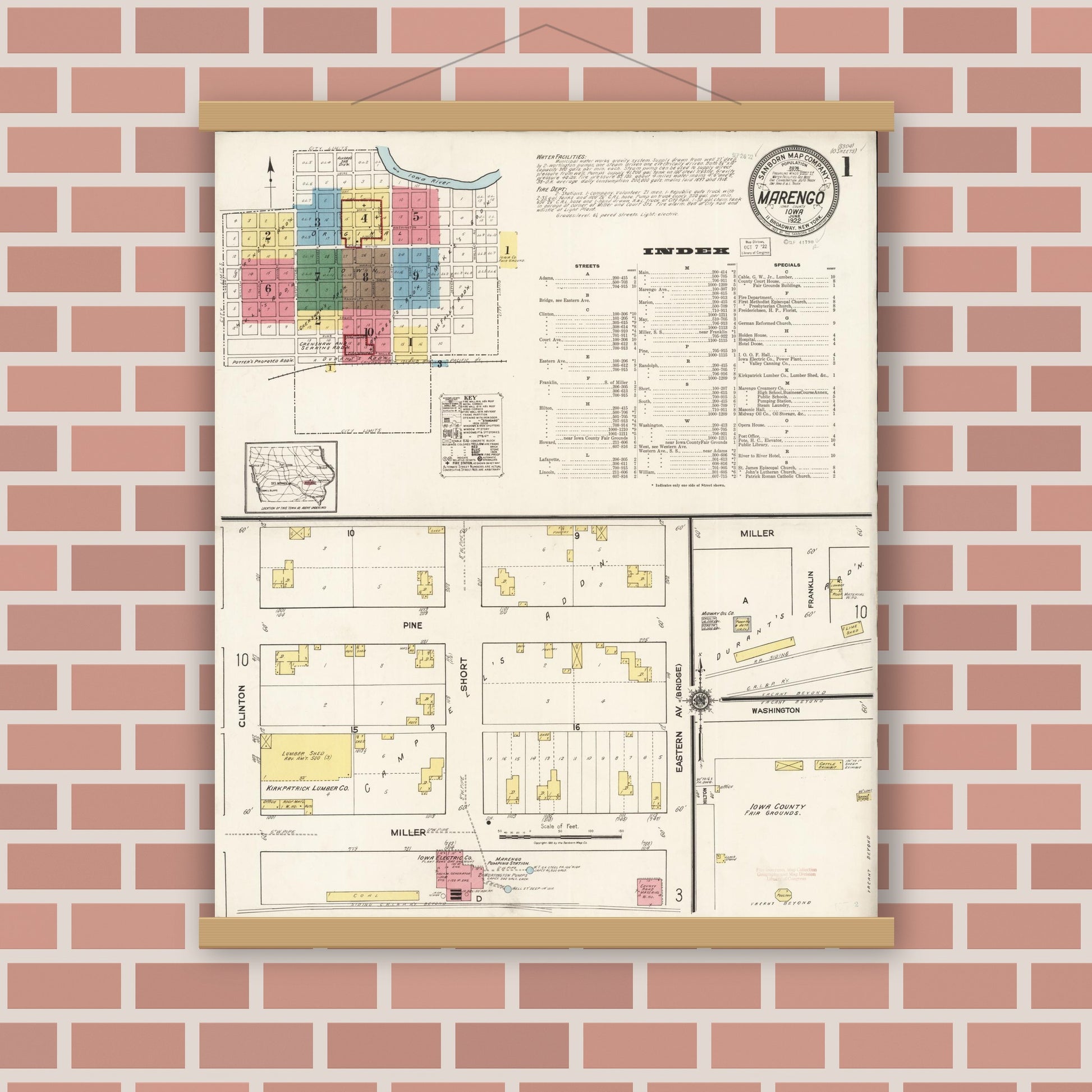 Old map wall art mockup — magnetic wood frame on brick wall — Sanborn Fire Insurance Map from Marengo, Iowa County, Iowa (1922) â€” Complete Set