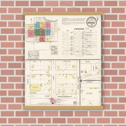 Old map wall art mockup — magnetic wood frame on brick wall — Sanborn Fire Insurance Map from Marengo, Iowa County, Iowa (1922) â€” Complete Set