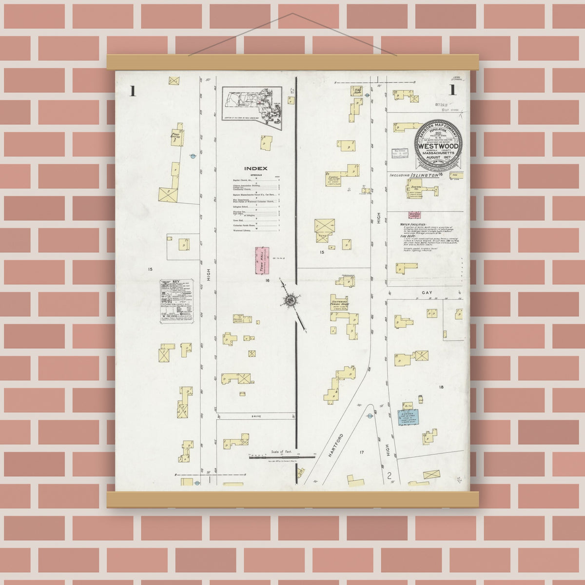 Old map wall art mockup — magnetic wood frame on brick wall — Sanborn Fire Insurance Map from Westwood, Norfolk County, Massachusetts (1927), Sheet #0001
