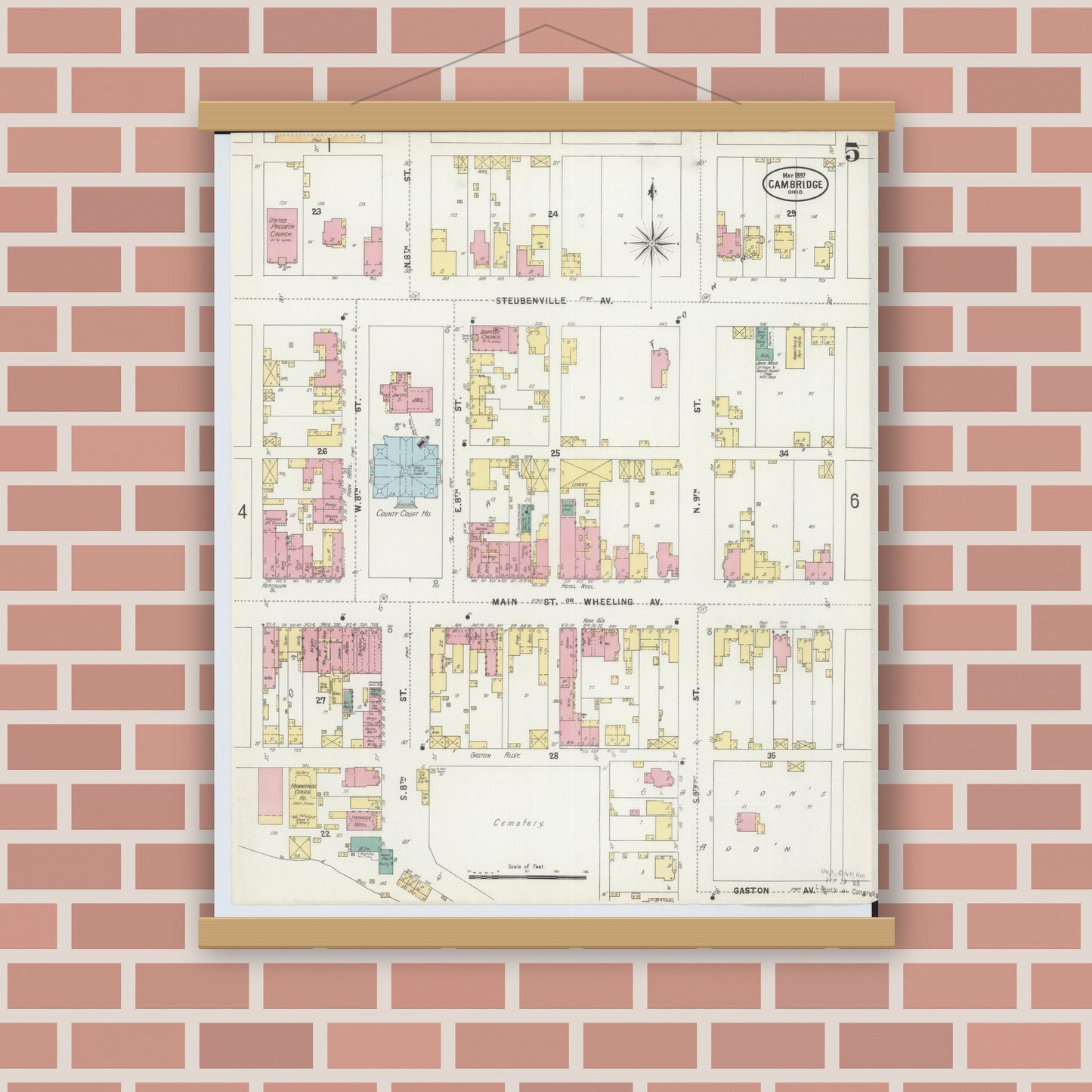 Old map wall art mockup — magnetic wood frame on brick wall — Sanborn Fire Insurance Map from Cambridge, Guernsey County, Ohio (1897), Sheet #0005