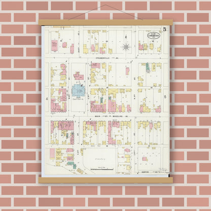 Old map wall art mockup — magnetic wood frame on brick wall — Sanborn Fire Insurance Map from Cambridge, Guernsey County, Ohio (1897), Sheet #0005