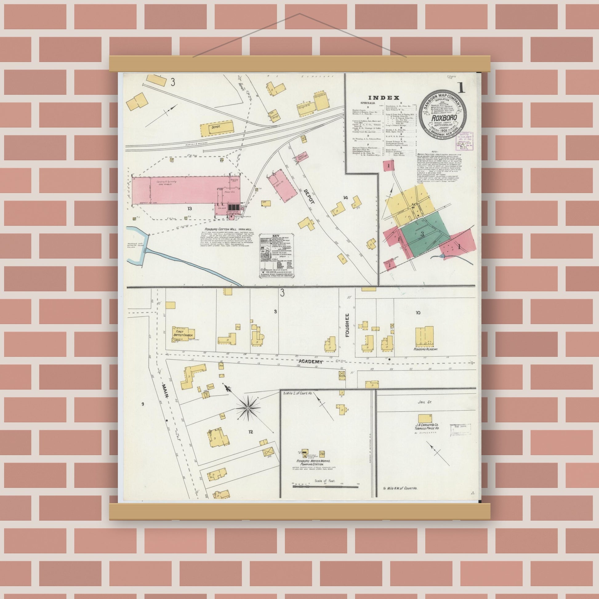 Old map wall art mockup — magnetic wood frame on brick wall — Sanborn Fire Insurance Map from Roxboro, Person County, North Carolina (1905), Sheet #0001
