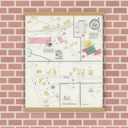 Old map wall art mockup — magnetic wood frame on brick wall — Sanborn Fire Insurance Map from Roxboro, Person County, North Carolina (1905), Sheet #0001