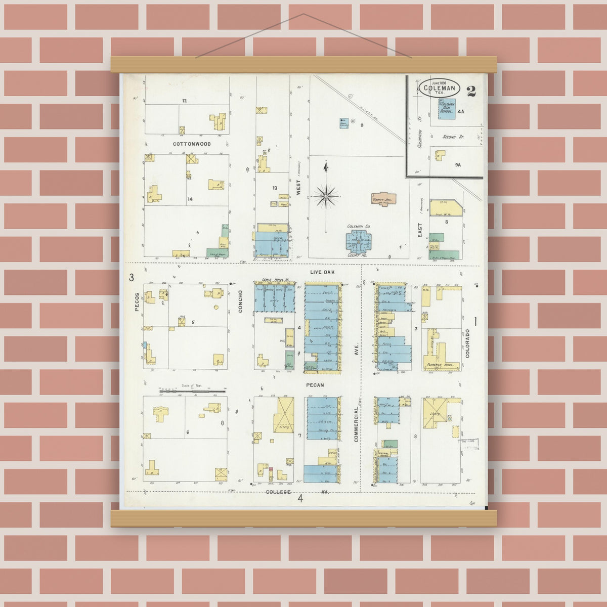 Old map wall art mockup — magnetic wood frame on brick wall — Sanborn Fire Insurance Map from Coleman, Coleman County, Texas (1898), Sheet #0002