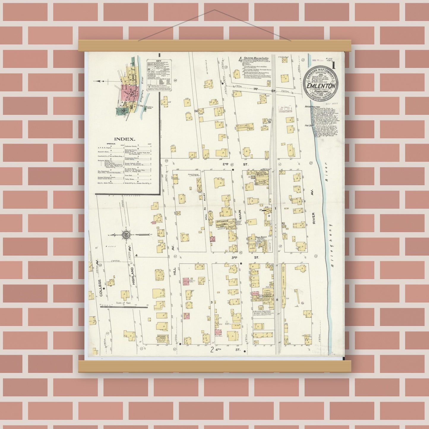 Old map wall art mockup — magnetic wood frame on brick wall — Sanborn Fire Insurance Map from Emlenton, Venango County, Pennsylvania (1910) - Complete Map Set