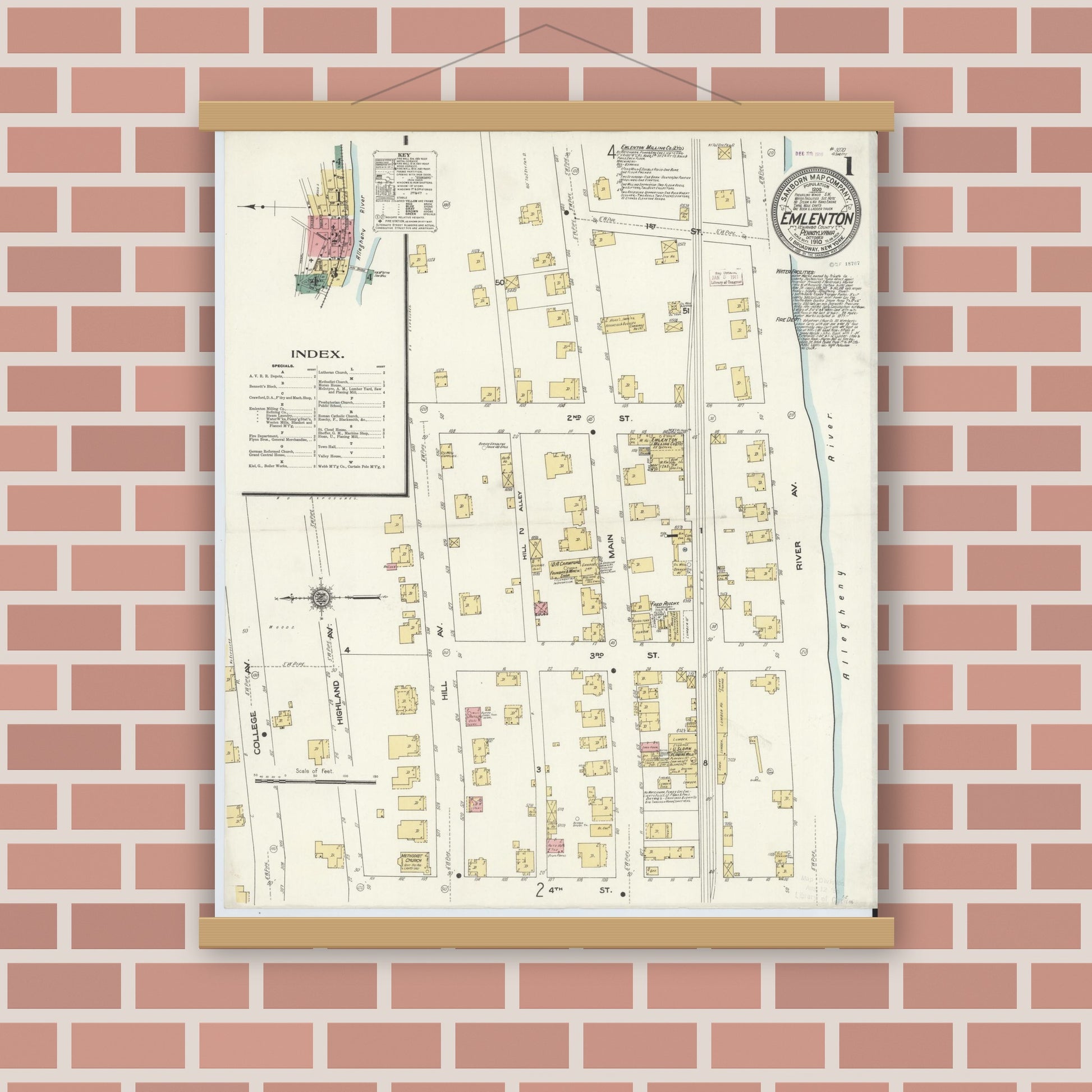 Old map wall art mockup — magnetic wood frame on brick wall — Sanborn Fire Insurance Map from Emlenton, Venango County, Pennsylvania (1910) - Complete Map Set