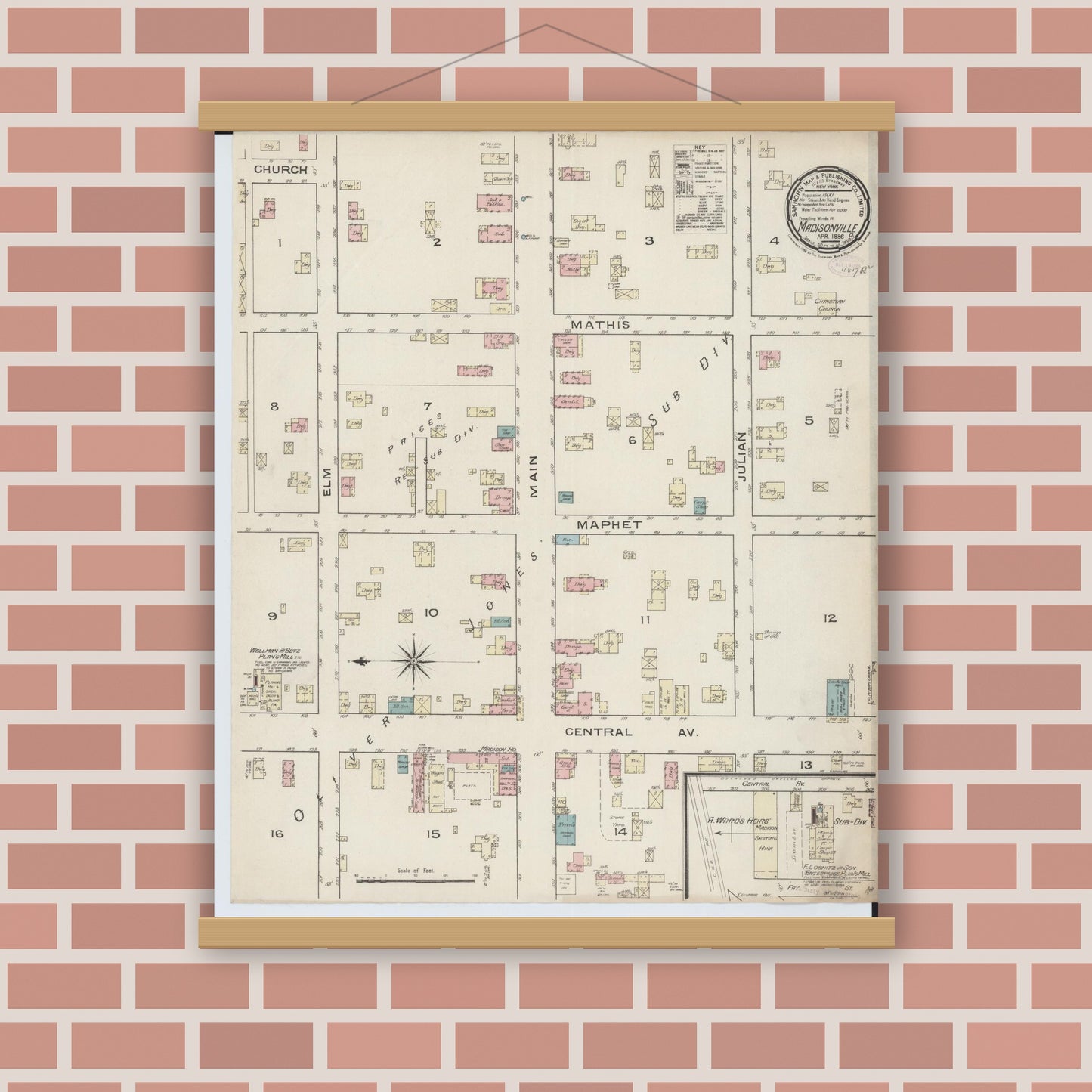 Old map wall art mockup — magnetic wood frame on brick wall — Sanborn Fire Insurance Map from Madisonville, Hamilton County, Ohio (1886), Sheet #0001