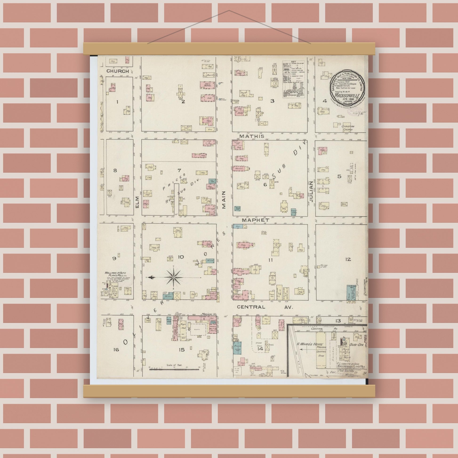 Old map wall art mockup — magnetic wood frame on brick wall — Sanborn Fire Insurance Map from Madisonville, Hamilton County, Ohio (1886), Sheet #0001