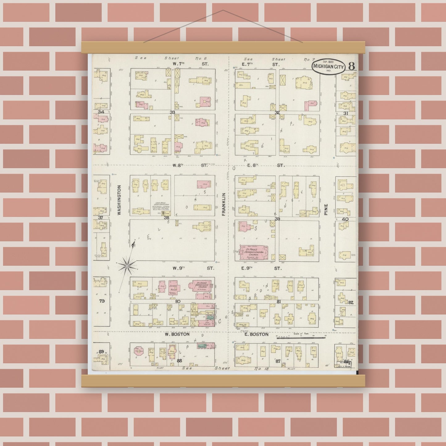 Old map wall art mockup — magnetic wood frame on brick wall — Sanborn Fire Insurance Map from Michigan City, La Porte County, Indiana (1889), Sheet #0008