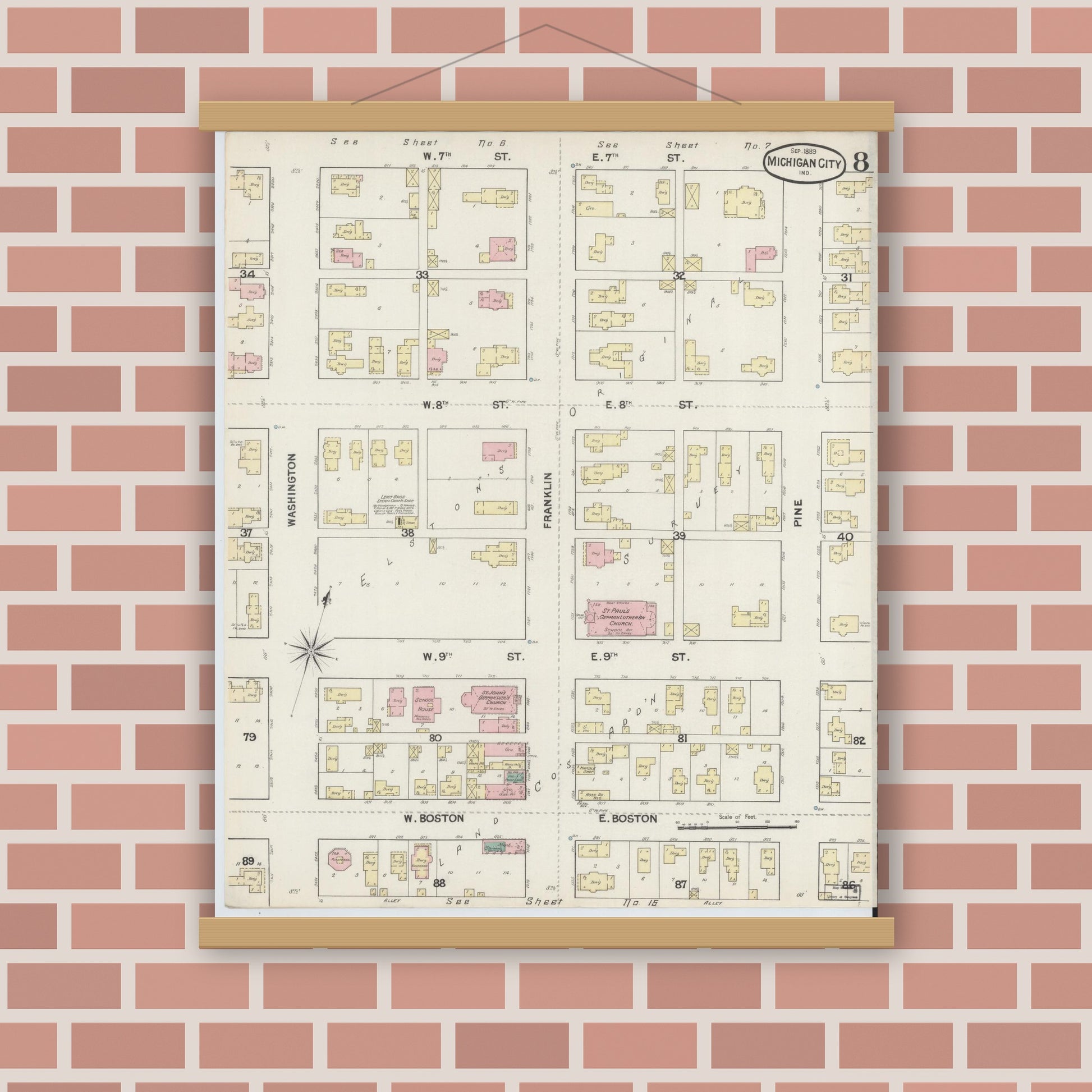 Old map wall art mockup — magnetic wood frame on brick wall — Sanborn Fire Insurance Map from Michigan City, La Porte County, Indiana (1889), Sheet #0008