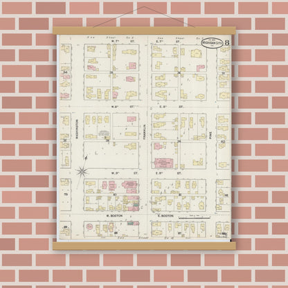 Old map wall art mockup — magnetic wood frame on brick wall — Sanborn Fire Insurance Map from Michigan City, La Porte County, Indiana (1889), Sheet #0008