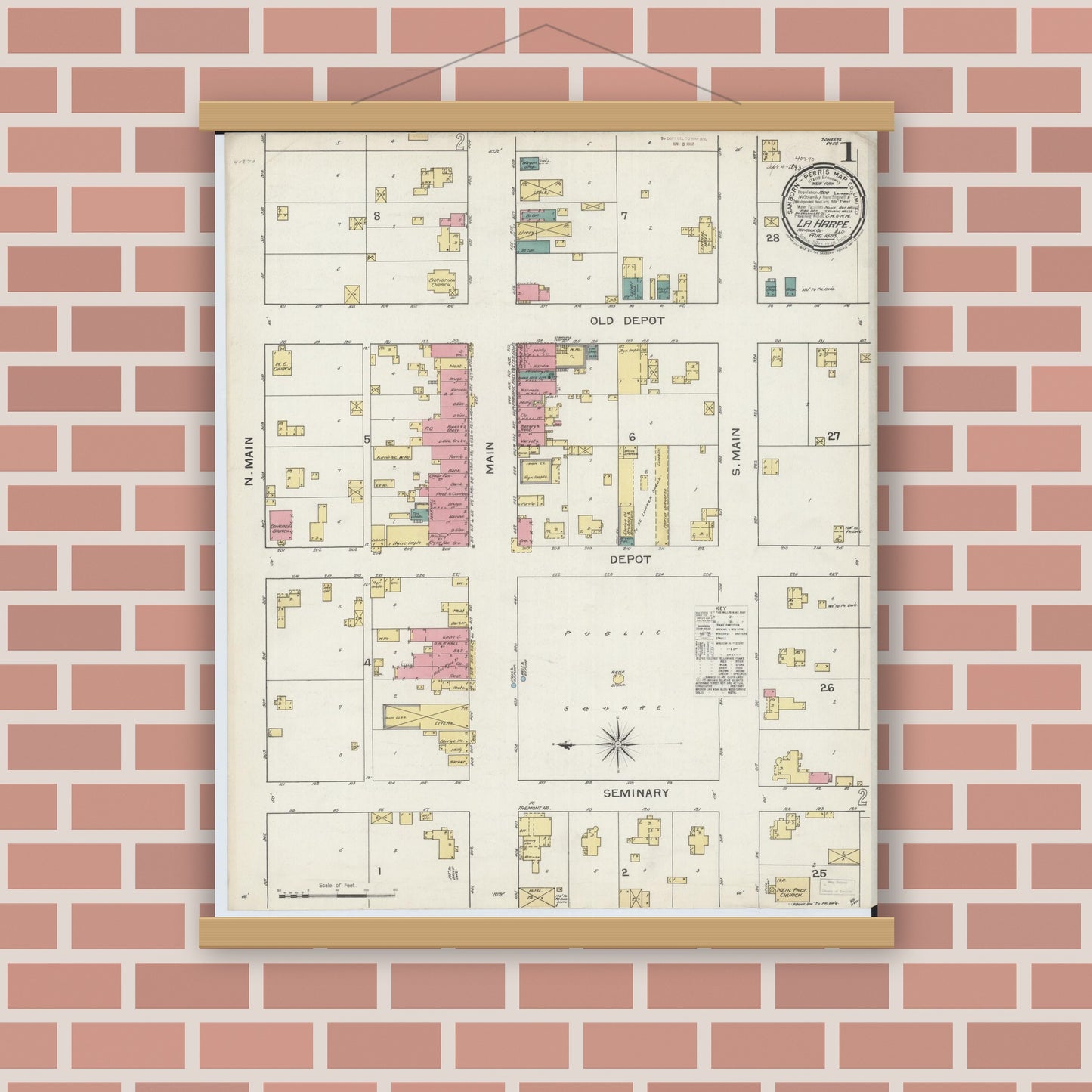 Old map wall art mockup — magnetic wood frame on brick wall — Sanborn Fire Insurance Map from La Harpe, Hancock County, Illinois (1893), Sheet #0001