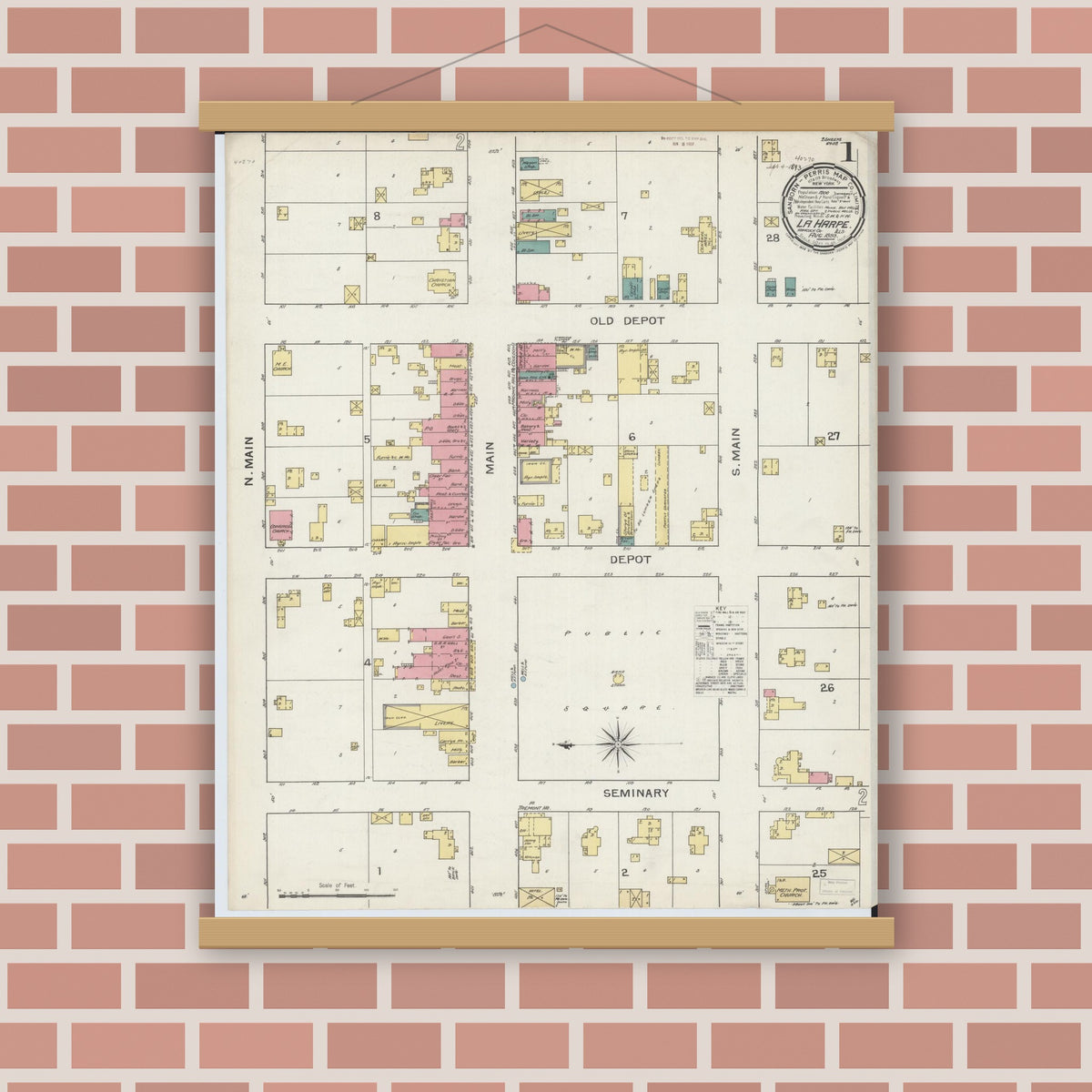 Old map wall art mockup — magnetic wood frame on brick wall — Sanborn Fire Insurance Map from La Harpe, Hancock County, Illinois (1893), Sheet #0001