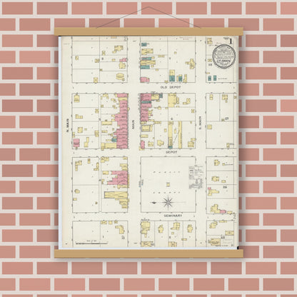 Old map wall art mockup — magnetic wood frame on brick wall — Sanborn Fire Insurance Map from La Harpe, Hancock County, Illinois (1893), Sheet #0001