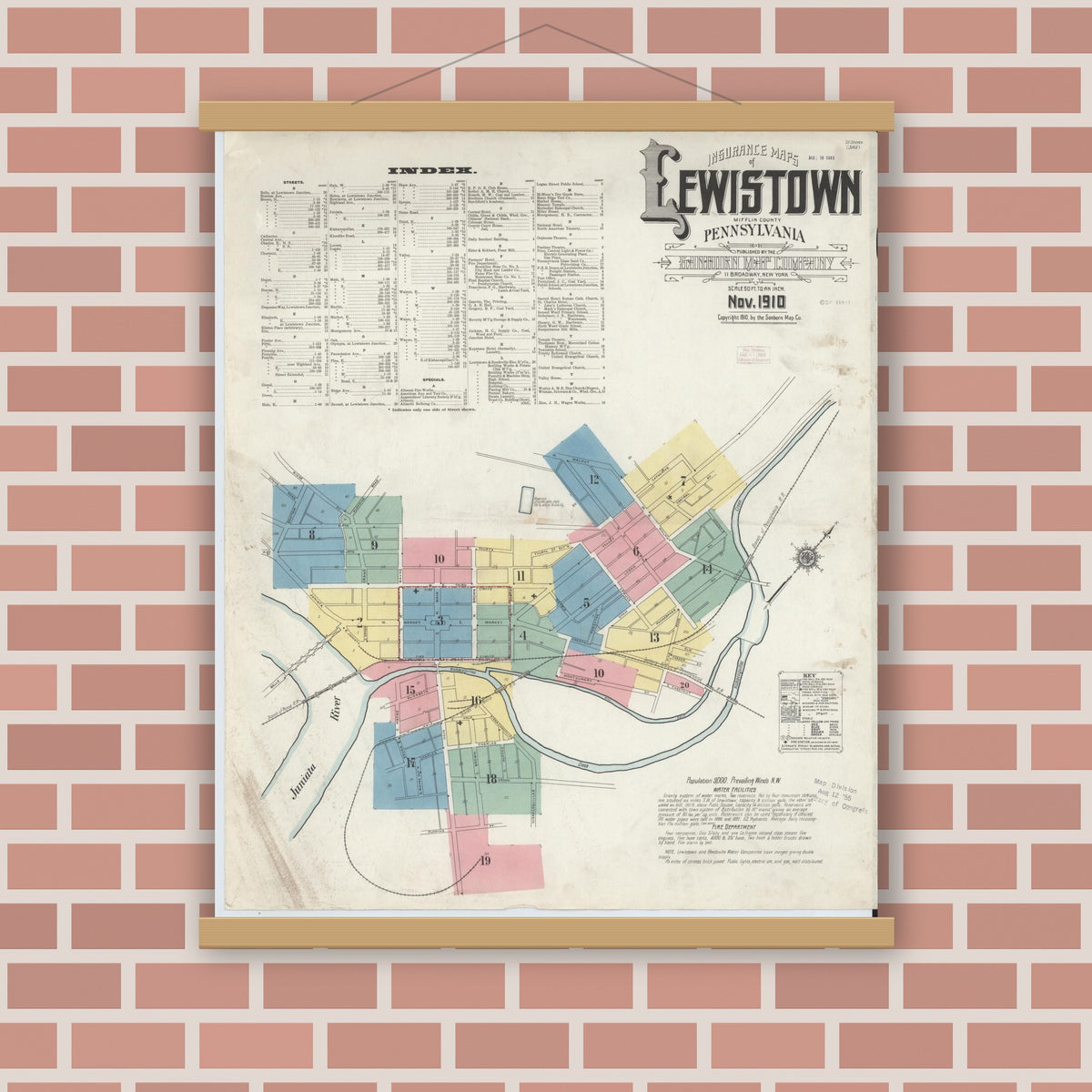 Old map wall art mockup — magnetic wood frame on brick wall — Sanborn Fire Insurance Map from Lewistown, Mifflin County, Pennsylvania (1910) - Complete Map Set