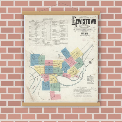 Old map wall art mockup — magnetic wood frame on brick wall — Sanborn Fire Insurance Map from Lewistown, Mifflin County, Pennsylvania (1910) - Complete Map Set