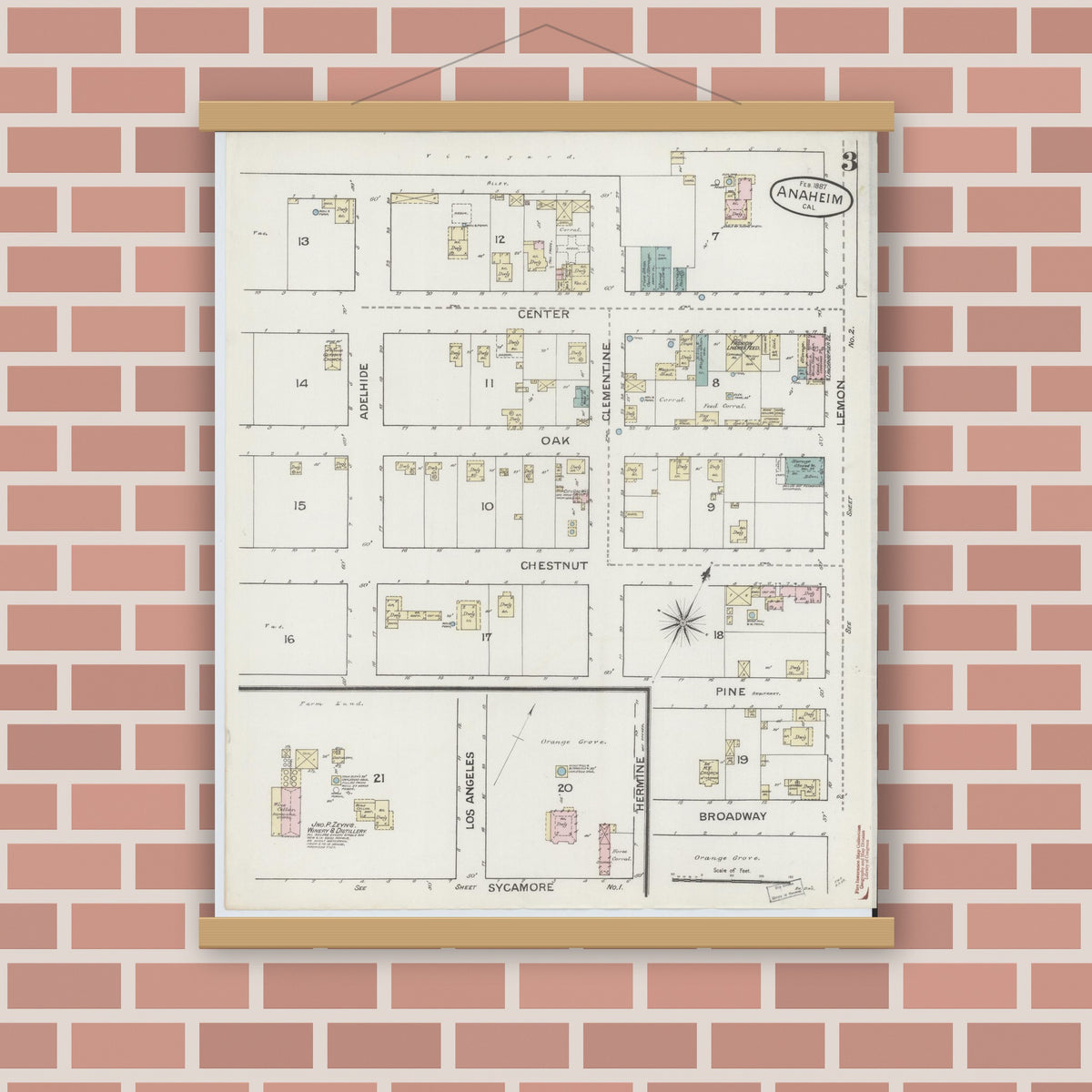 Old map wall art mockup — magnetic wood frame on brick wall — Sanborn Fire Insurance Map from Anaheim, Orange County, California (1887), Sheet #0003
