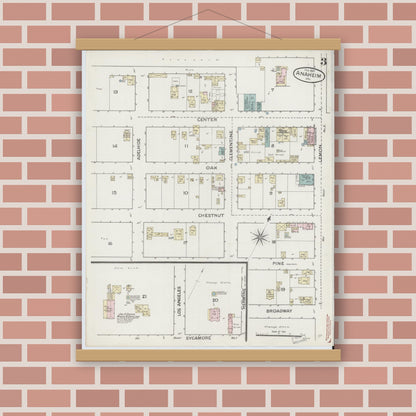 Old map wall art mockup — magnetic wood frame on brick wall — Sanborn Fire Insurance Map from Anaheim, Orange County, California (1887), Sheet #0003