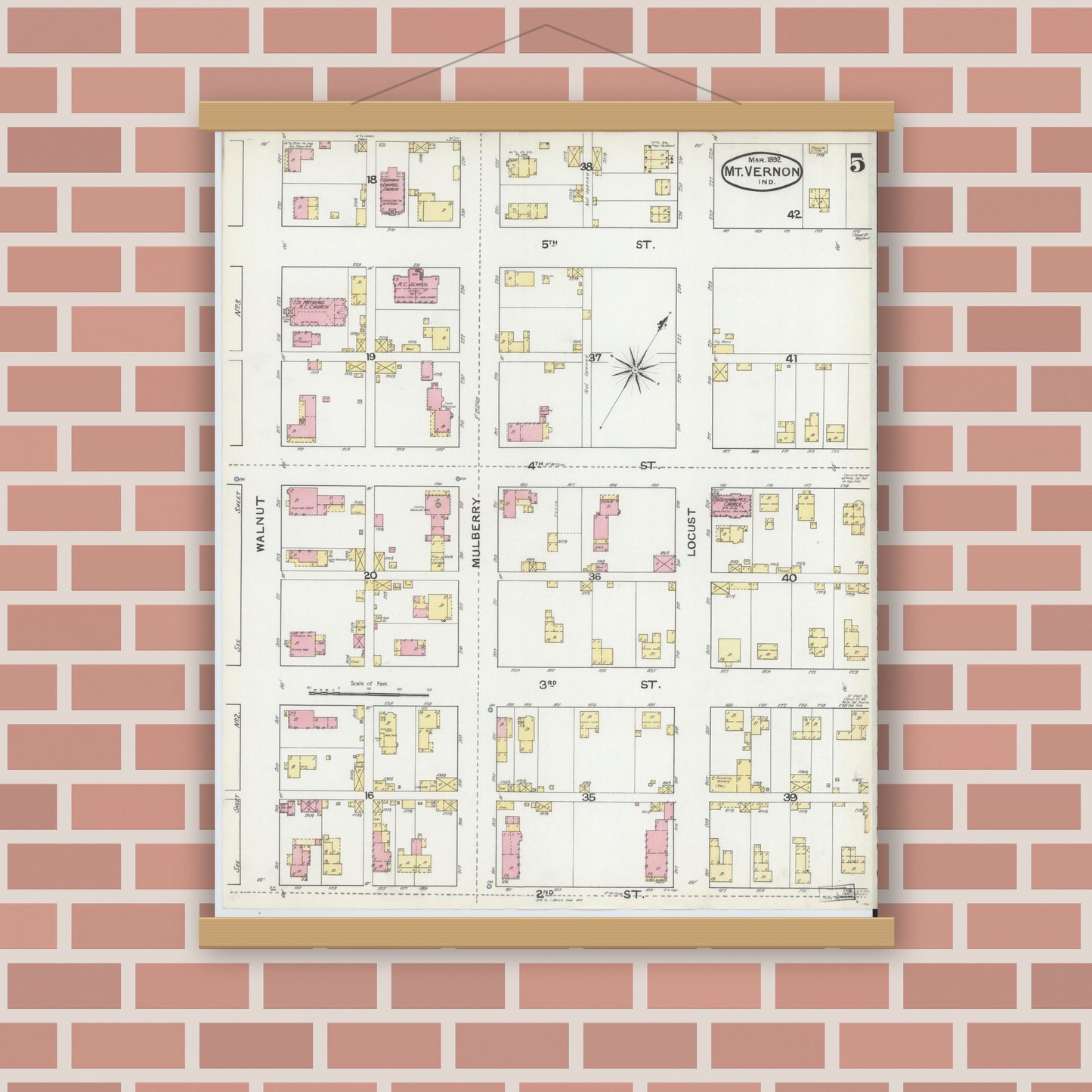 Old map wall art mockup — magnetic wood frame on brick wall — Sanborn Fire Insurance Map from Mount Vernon, Posey County, Indiana (1892), Sheet #0005
