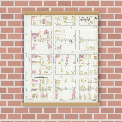Old map wall art mockup — magnetic wood frame on brick wall — Sanborn Fire Insurance Map from Mount Vernon, Posey County, Indiana (1892), Sheet #0005