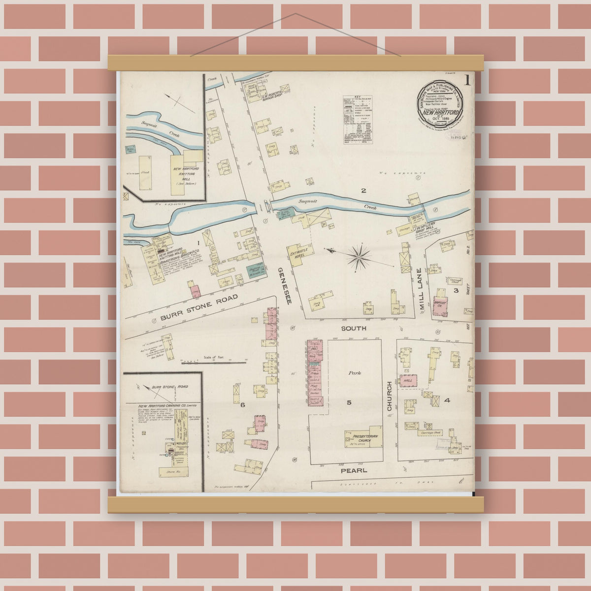 Old map wall art mockup — magnetic wood frame on brick wall — Sanborn Fire Insurance Map from New Hartford, Oneida County, New York (1885) - Complete Map Set