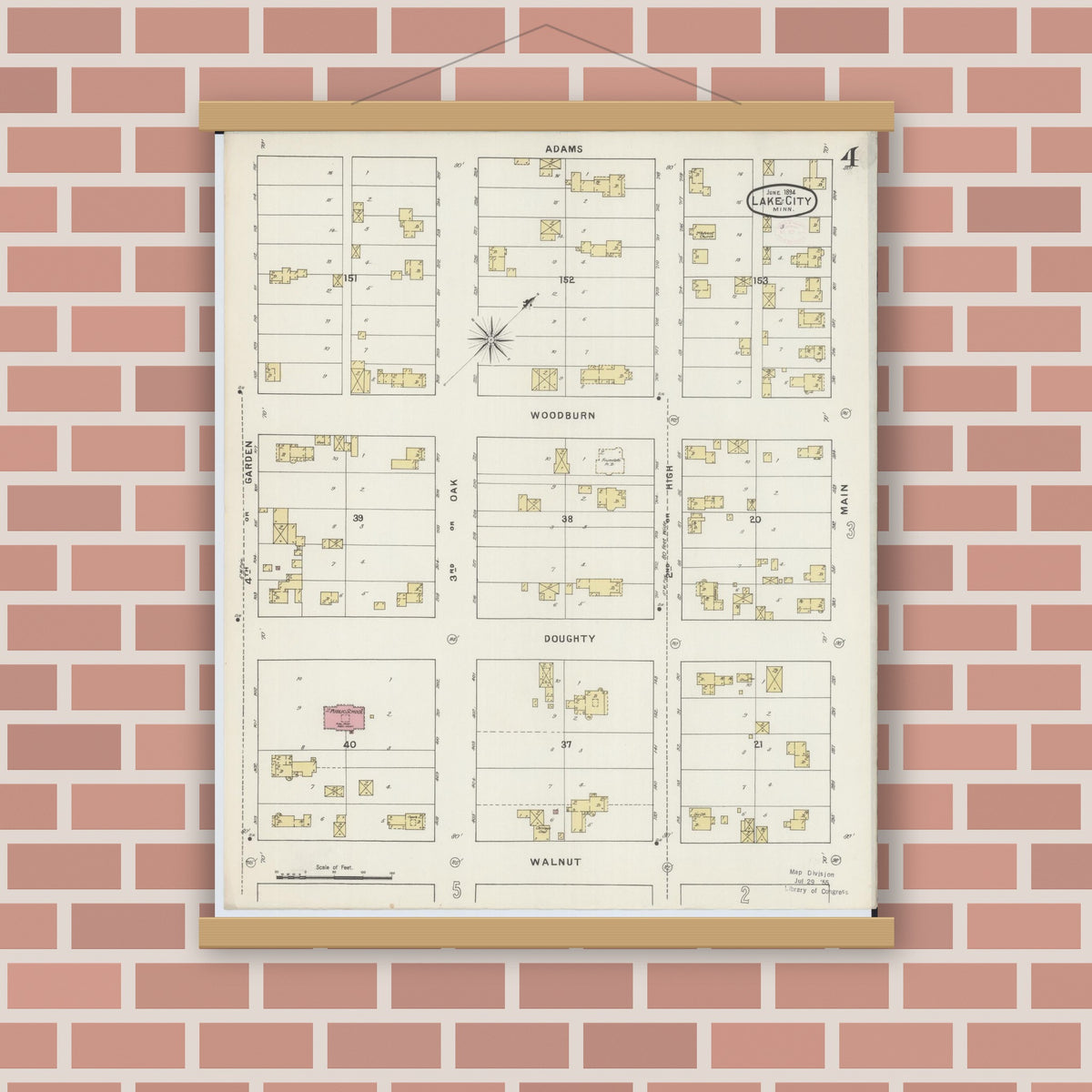 Old map wall art mockup — magnetic wood frame on brick wall — Sanborn Fire Insurance Map from Lake City, Wabasha County, Minnesota (1894), Sheet #0004