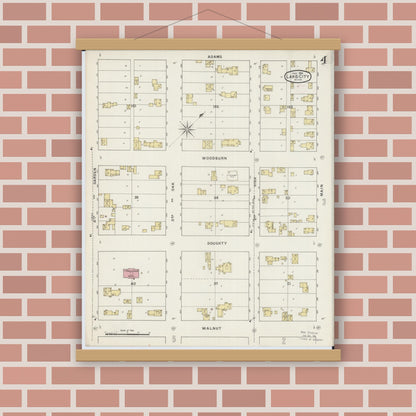 Old map wall art mockup — magnetic wood frame on brick wall — Sanborn Fire Insurance Map from Lake City, Wabasha County, Minnesota (1894), Sheet #0004