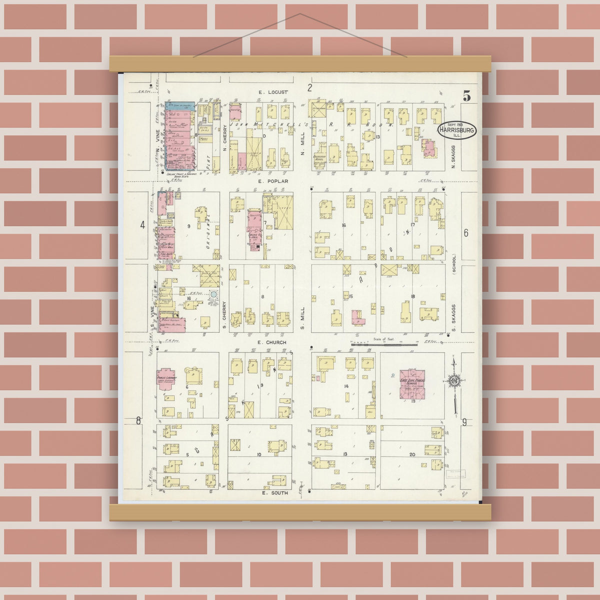 Old map wall art mockup — magnetic wood frame on brick wall — Sanborn Fire Insurance Map from Harrisburg, Saline County, Illinois (1913), Sheet #0005