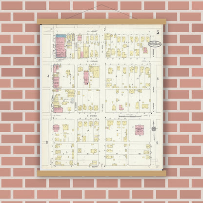 Old map wall art mockup — magnetic wood frame on brick wall — Sanborn Fire Insurance Map from Harrisburg, Saline County, Illinois (1913), Sheet #0005